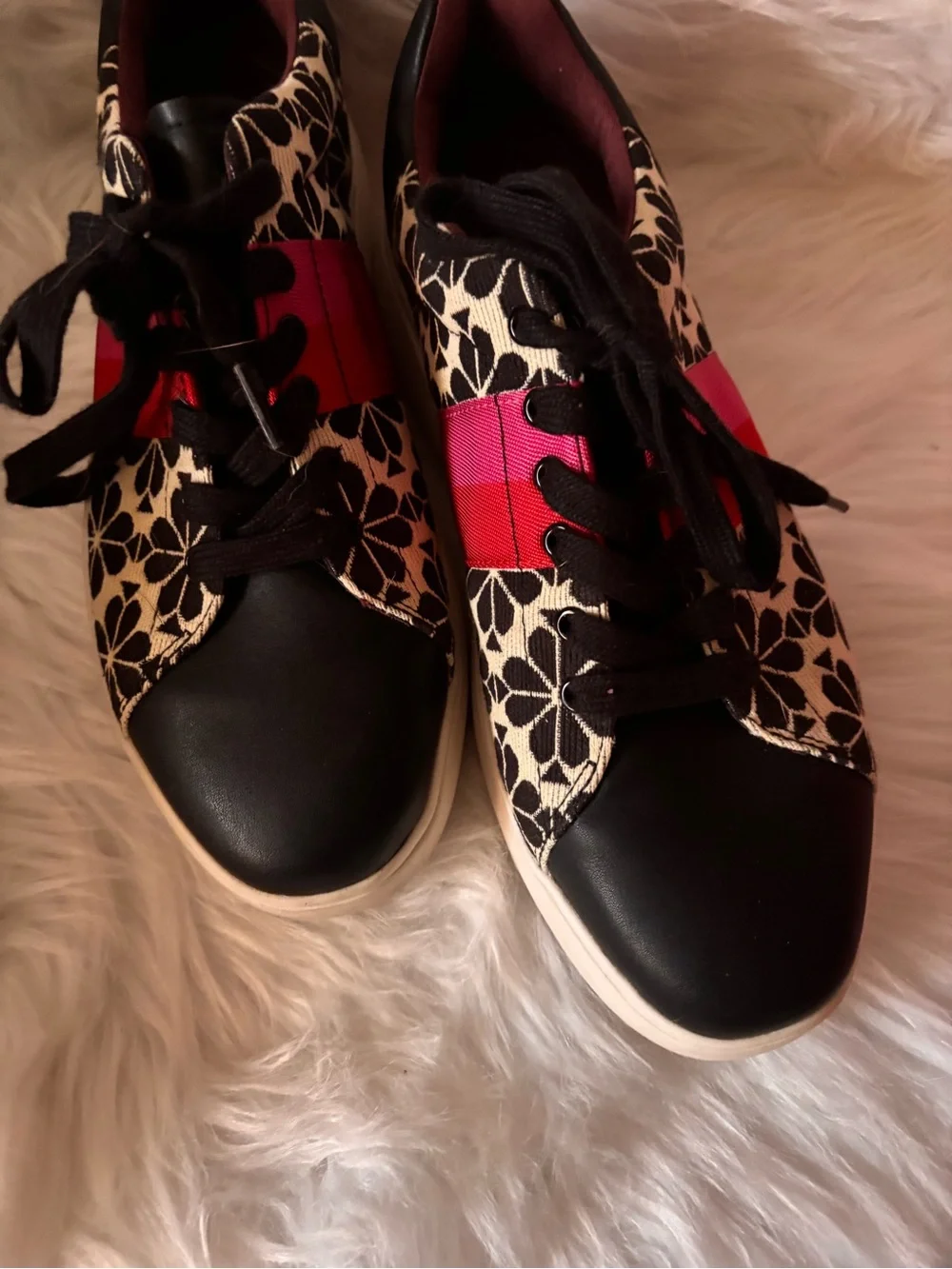Kate Spade Black & White Floral Lace-Up Sneakers with Red and Pink Stripes